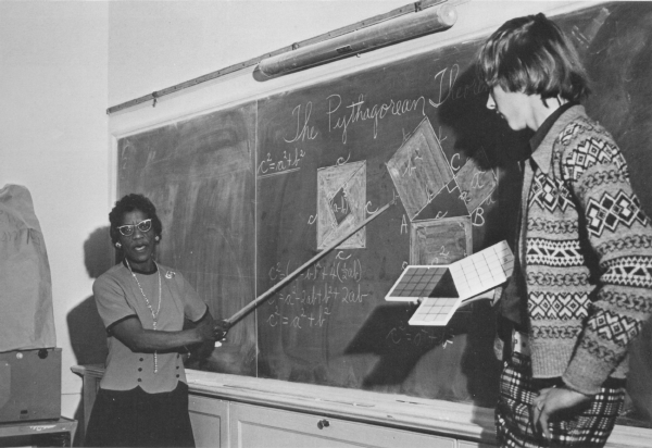 Lafayette Marquis 1974, page 18: Mrs Greene demonstrates Pythagorean Theorem proof with Sophomore David Trapp